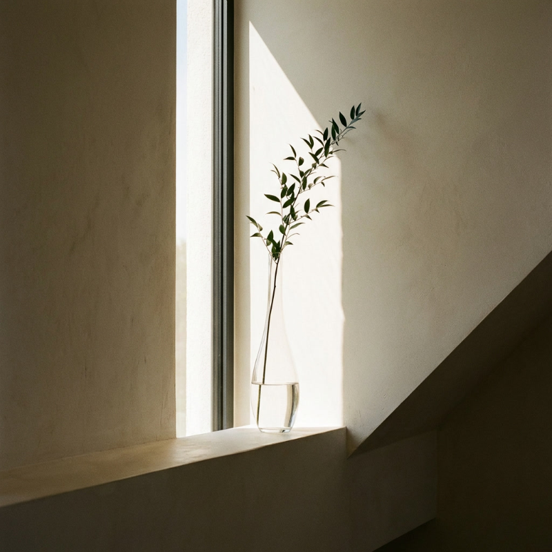 Lucia hand-blown clear glass vase in window light with olive stem