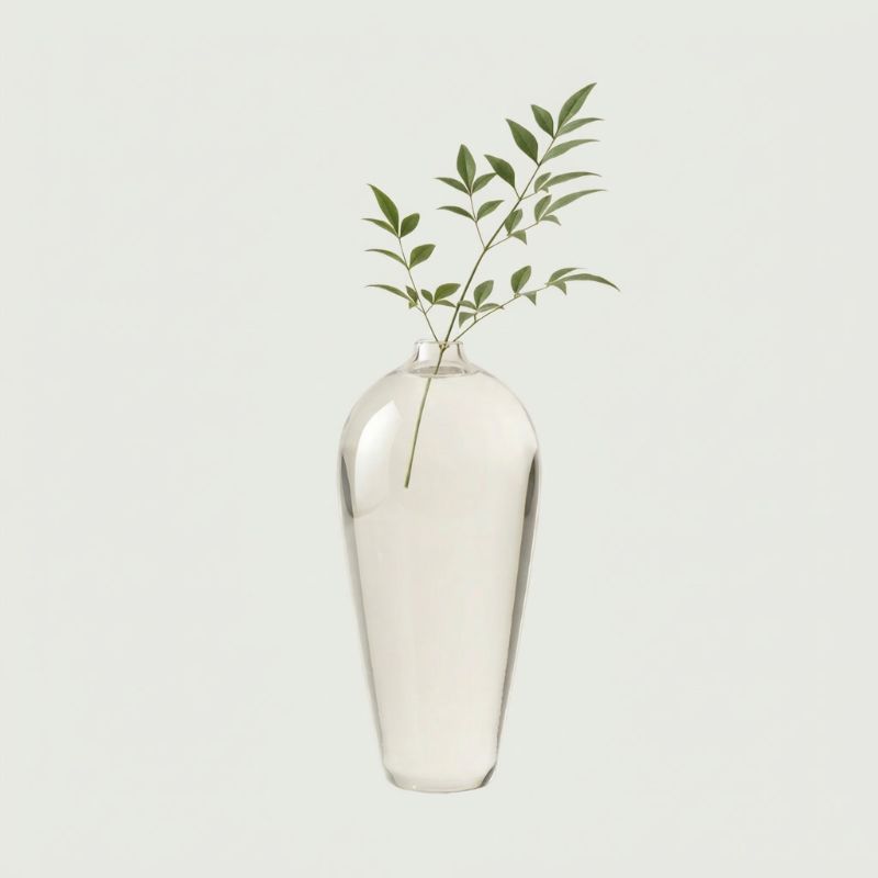 Lucia hand-blown clear glass vase on white background with eucalyptus stem