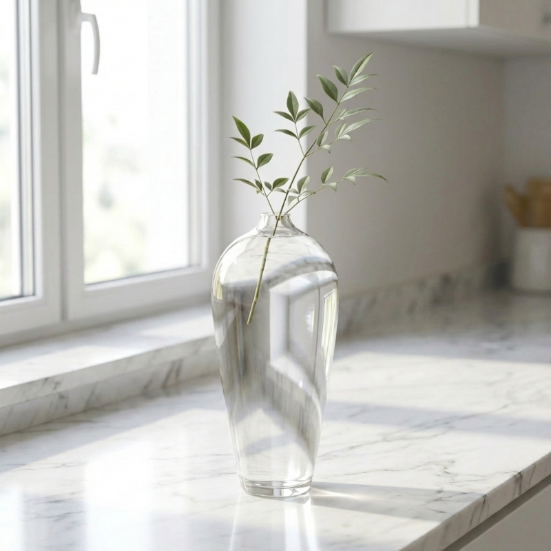 Lucia hand-blown clear glass vase on marble windowsill