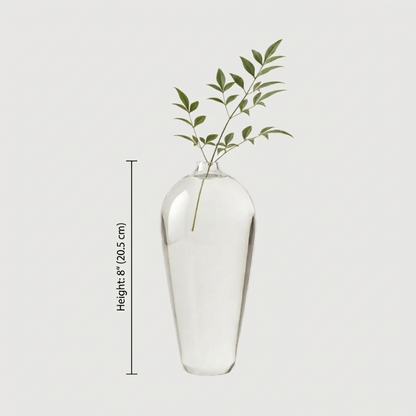 Lucia hand-blown clear glass vase dimensions graphic on white background