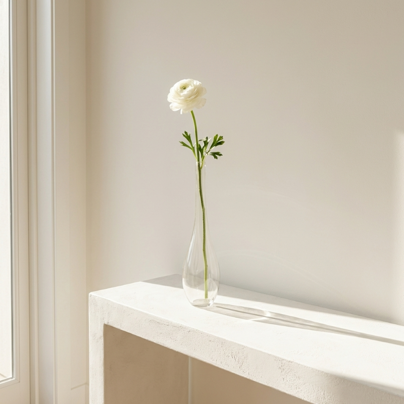 Lucia hand-blown clear glass vase with white flower on white ledge