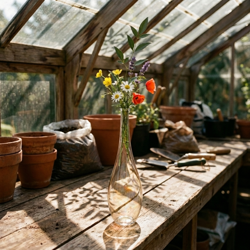 Lucia hand-blown clear glass vase in greenhouse setting with flowers