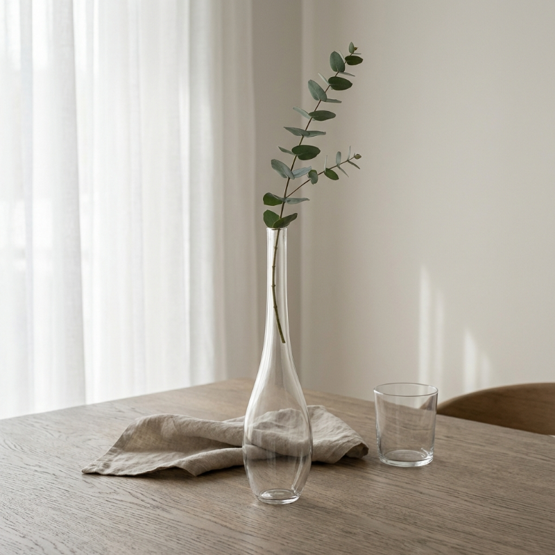 Lucia hand-blown clear glass vase with eucalyptus stem on table