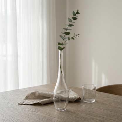 Lucia hand-blown clear glass vase with eucalyptus stem on table