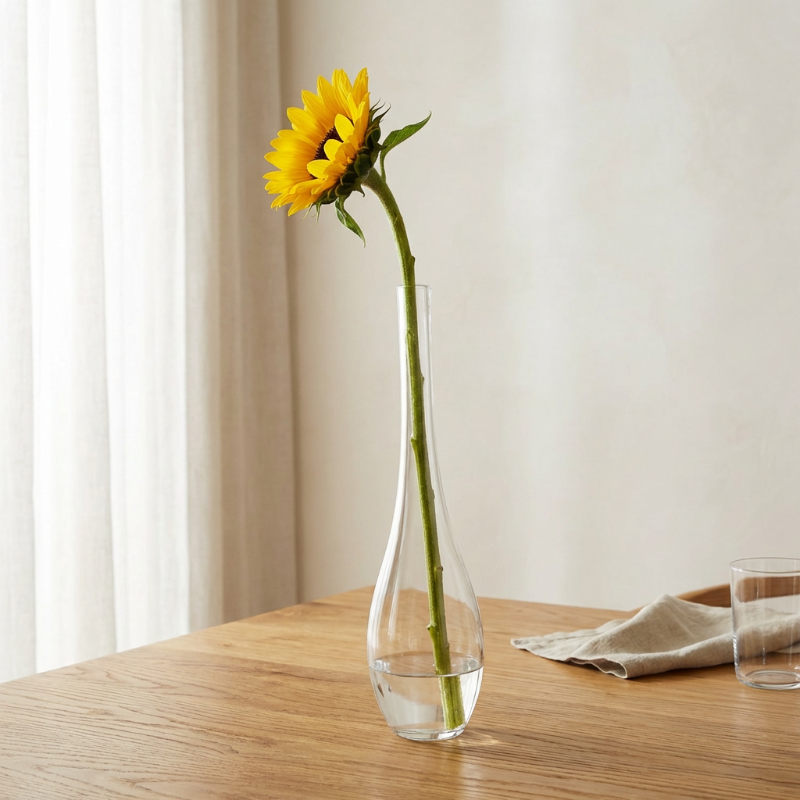 Lucia hand-blown clear glass vase with sunflower on wooden table