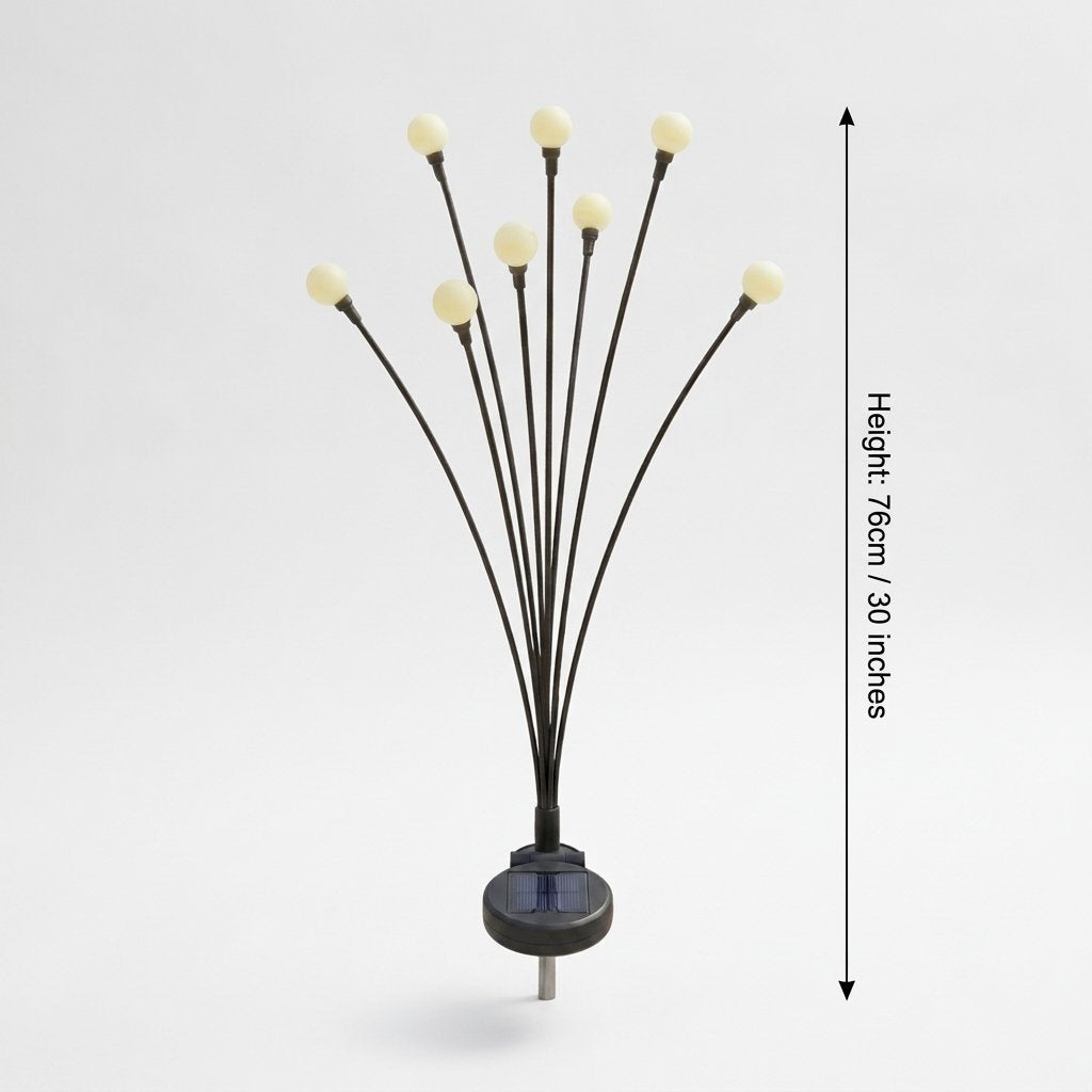 Lit solar garden light on a plain background with a measurement marked: height 30 inches