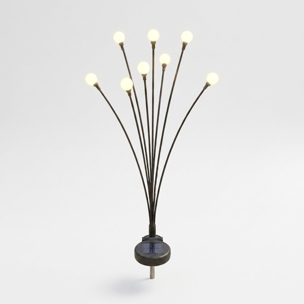 Single lit solar garden light with 8 warm-white bulbs on a plain studio background