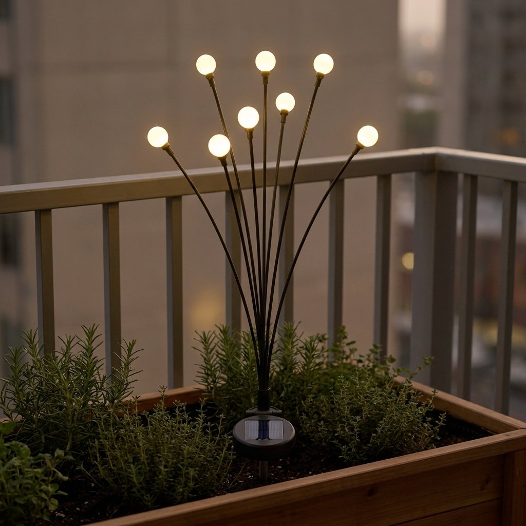 Lit solar garden light in a balcony planter box with herbs, overlooking a city skyline at dusk