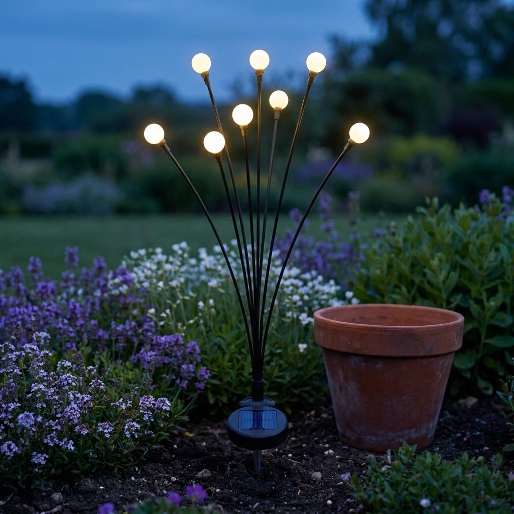 Lit solar garden light in a flower bed with lavender-like blooms beside an empty terracotta pot at dusk