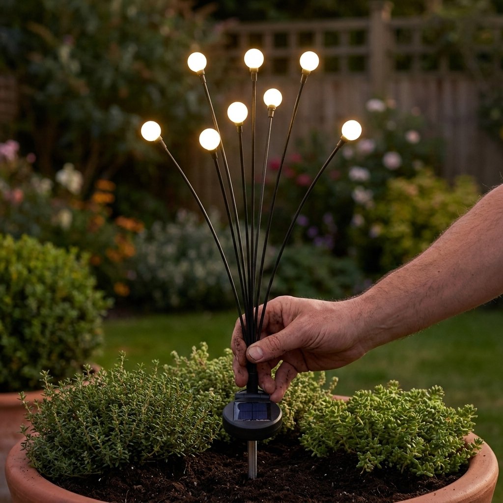 Hand pressing a solar garden light's ground stake into a terracotta planter filled with groundcover
