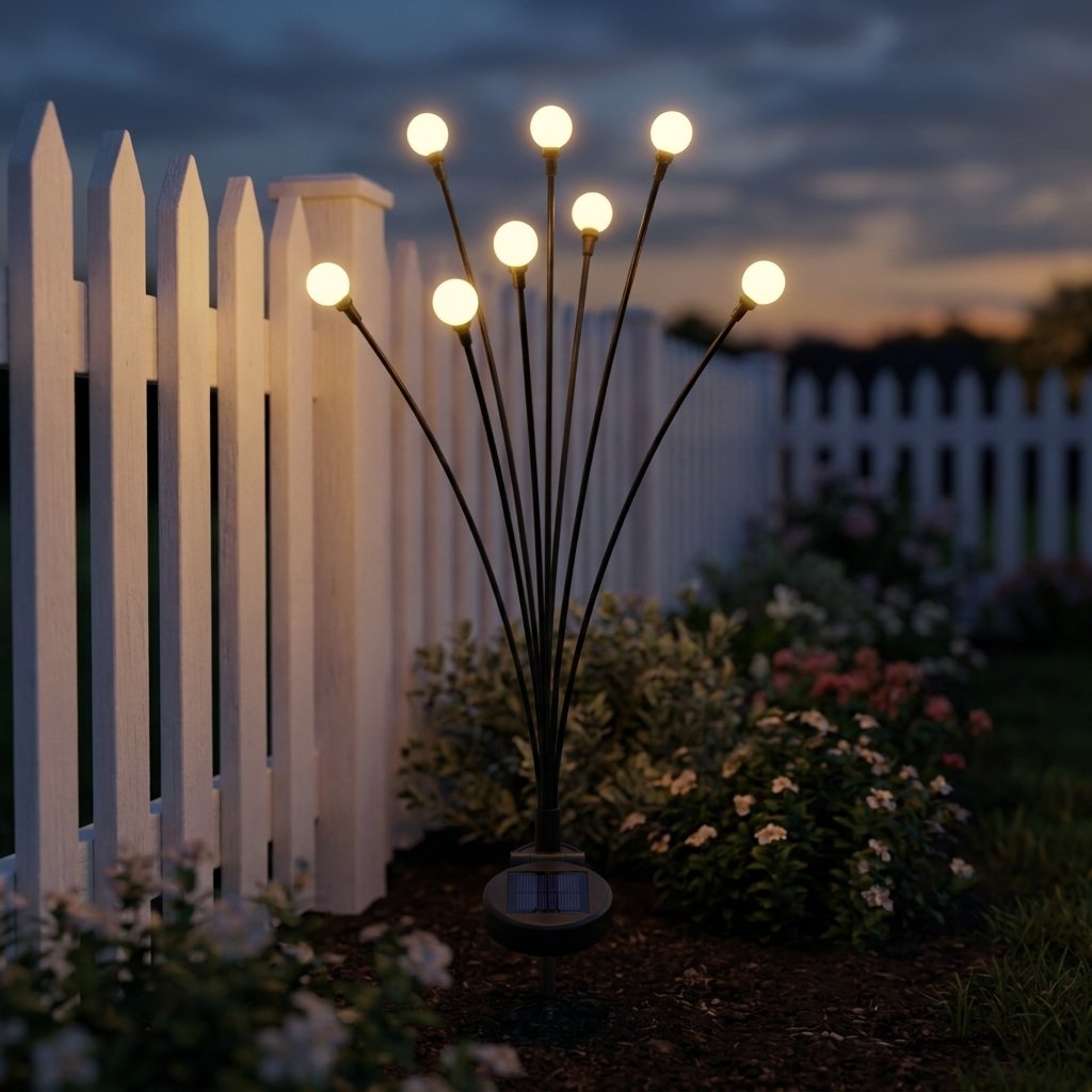 Lit solar garden light with 8 warm-white bulbs beside a white picket fence and flower bed at dusk