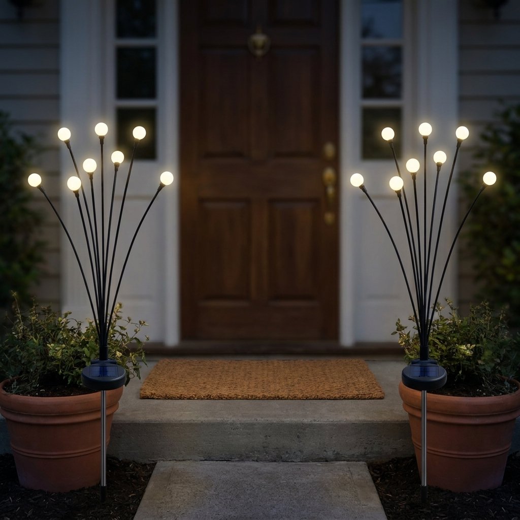 Two lit solar garden lights in terracotta planters flanking a front door