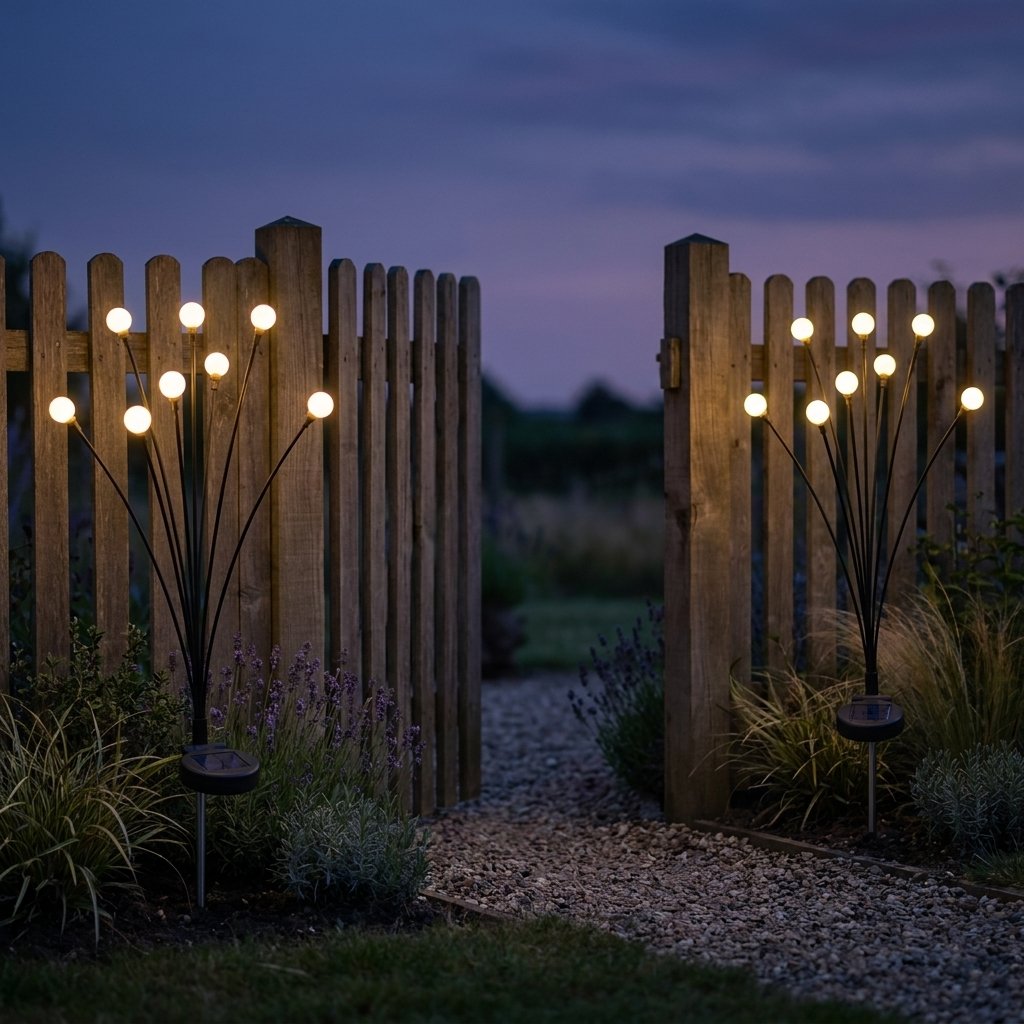 Two lit solar garden lights flanking a wooden picket gate with lavender plants at dusk