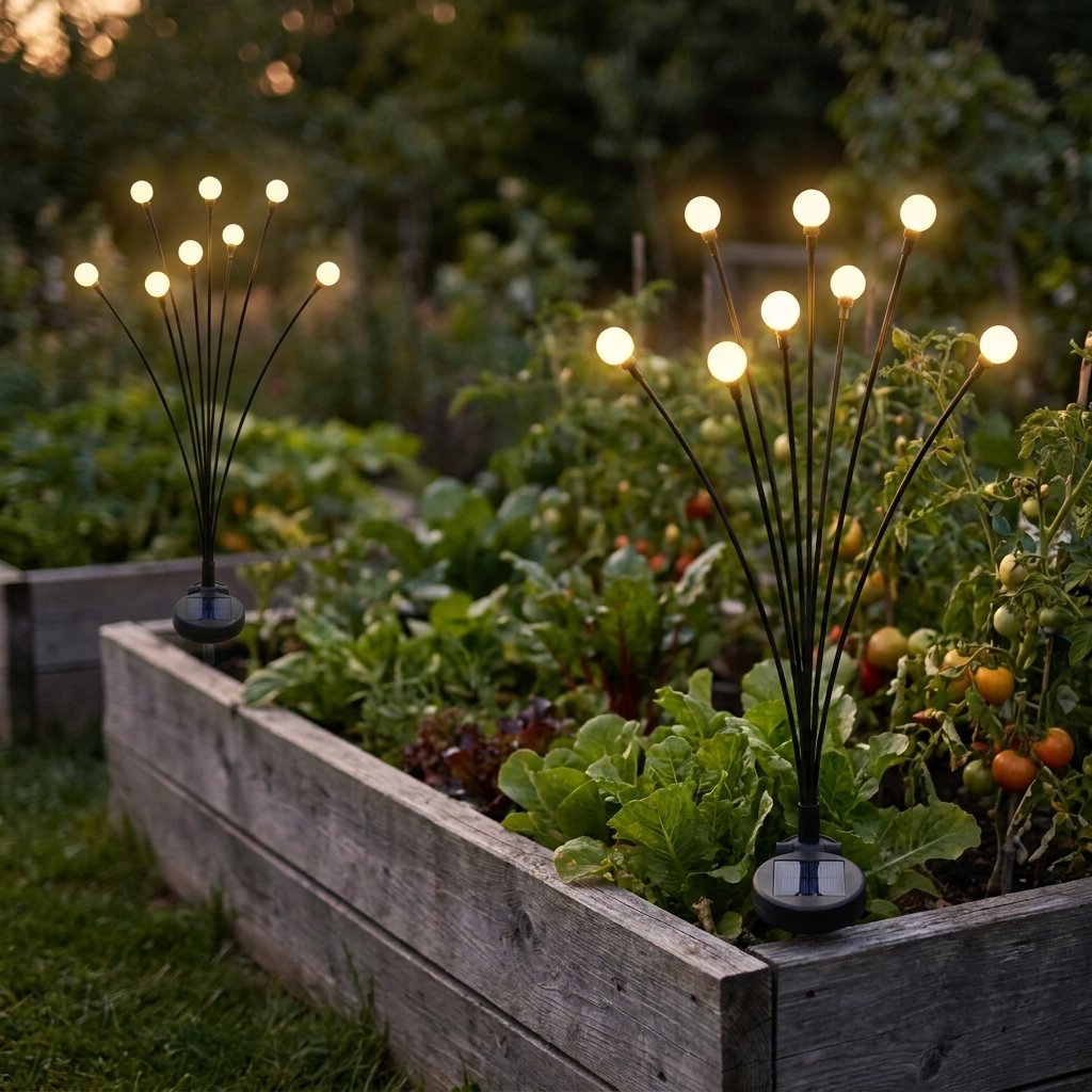 Two lit solar garden lights with 8 warm-white bulbs each in a raised wooden garden bed with lettuce and tomato plants at dusk