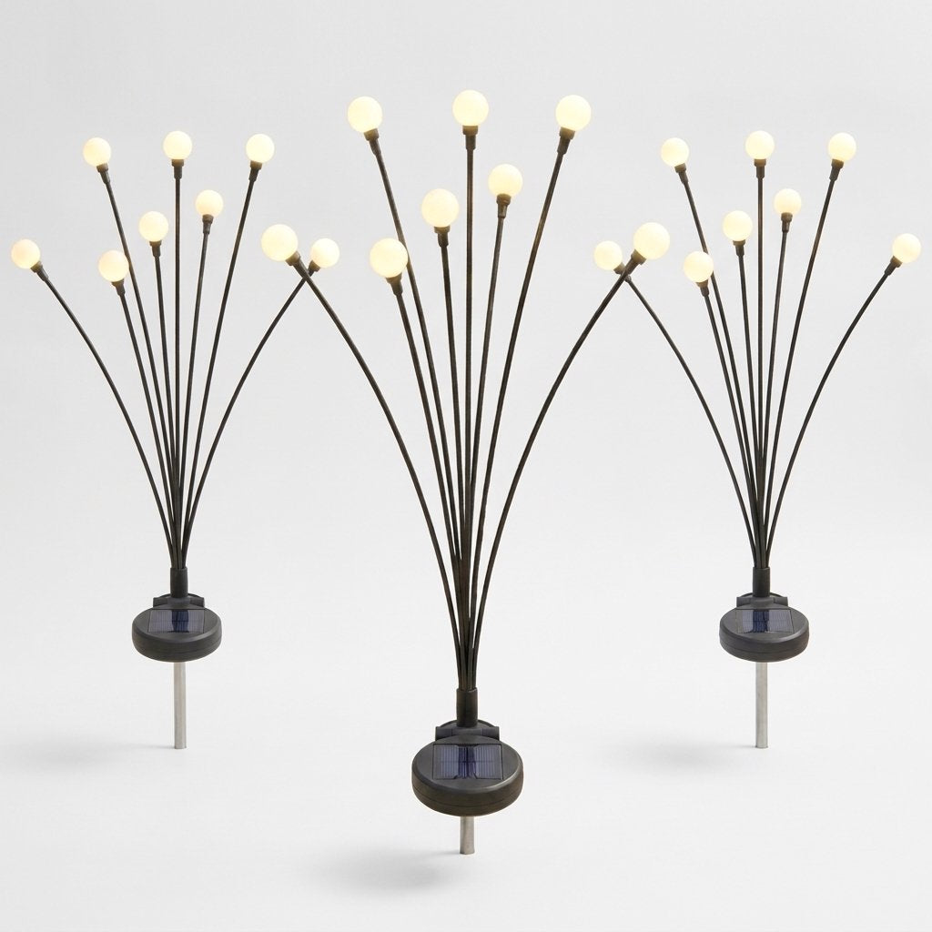 Three lit solar garden lights with 8 warm-white bulbs each on a plain studio background