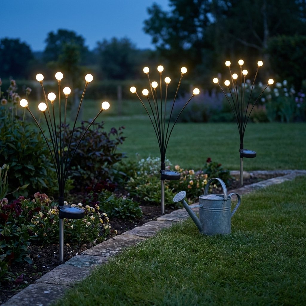 Three lit solar garden lights along a stone-edged flower border beside a galvanized watering can at dusk