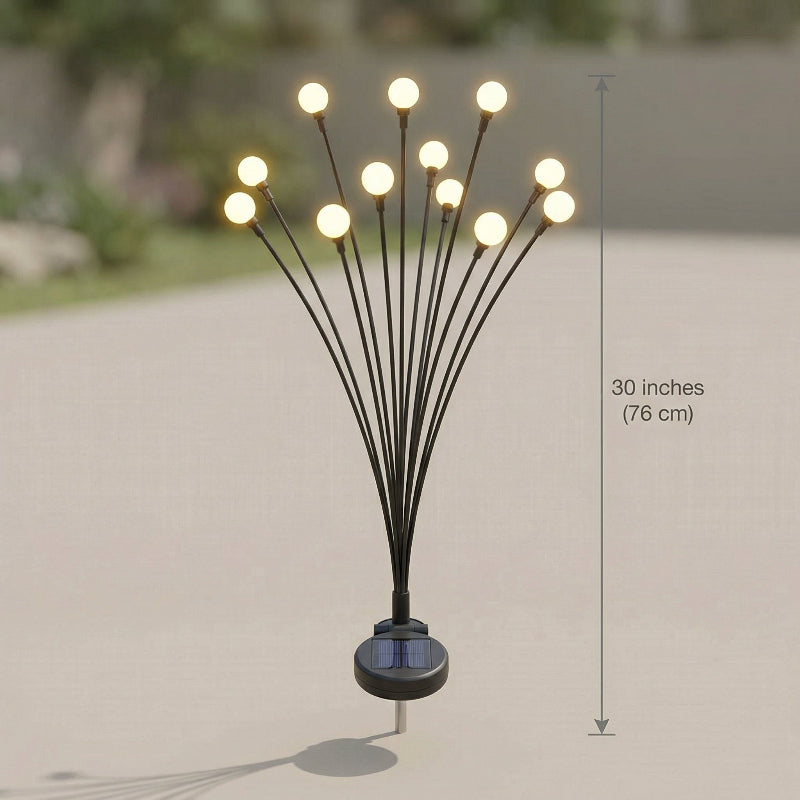 Solar-powered outdoor light fixture with multiple bulbs on a neutral background