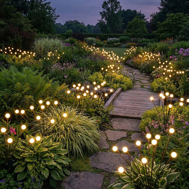 Garden pathway illuminated by string lights with lush greenery and flowers.