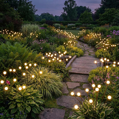 Garden pathway illuminated by string lights with lush greenery and flowers.