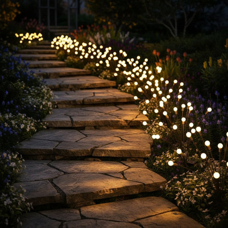 Stone pathway illuminated by string lights in a garden setting