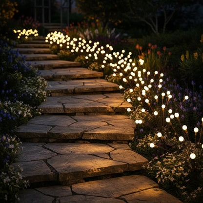 Stone pathway illuminated by string lights in a garden setting