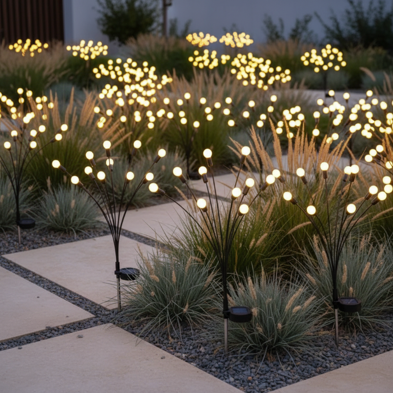 Decorative outdoor lights in a garden setting with grasses and a pathway.