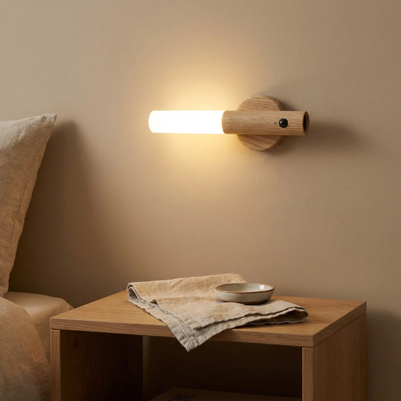 Wooden wall sconce lighting a room with a side table and bowl underneath.