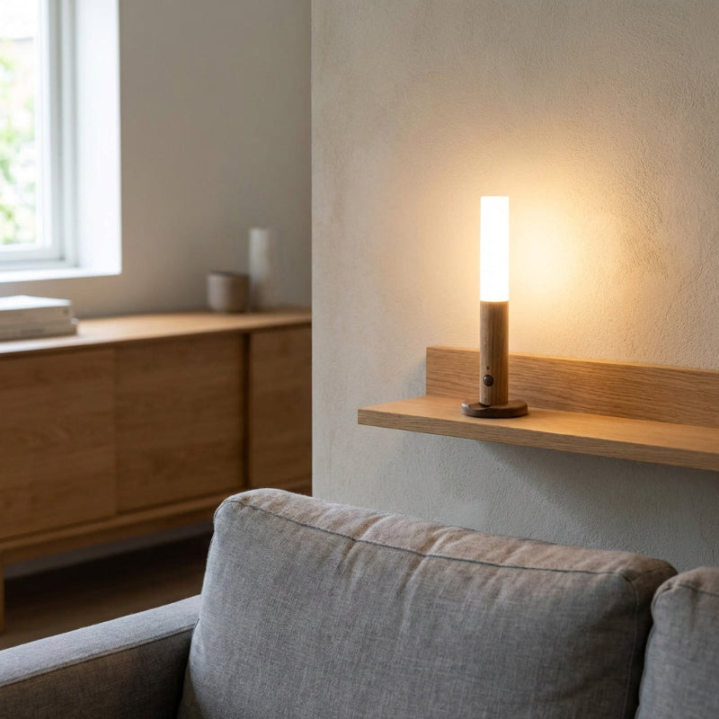 Modern interior with a lamp on a wooden shelf next to a gray sofa.