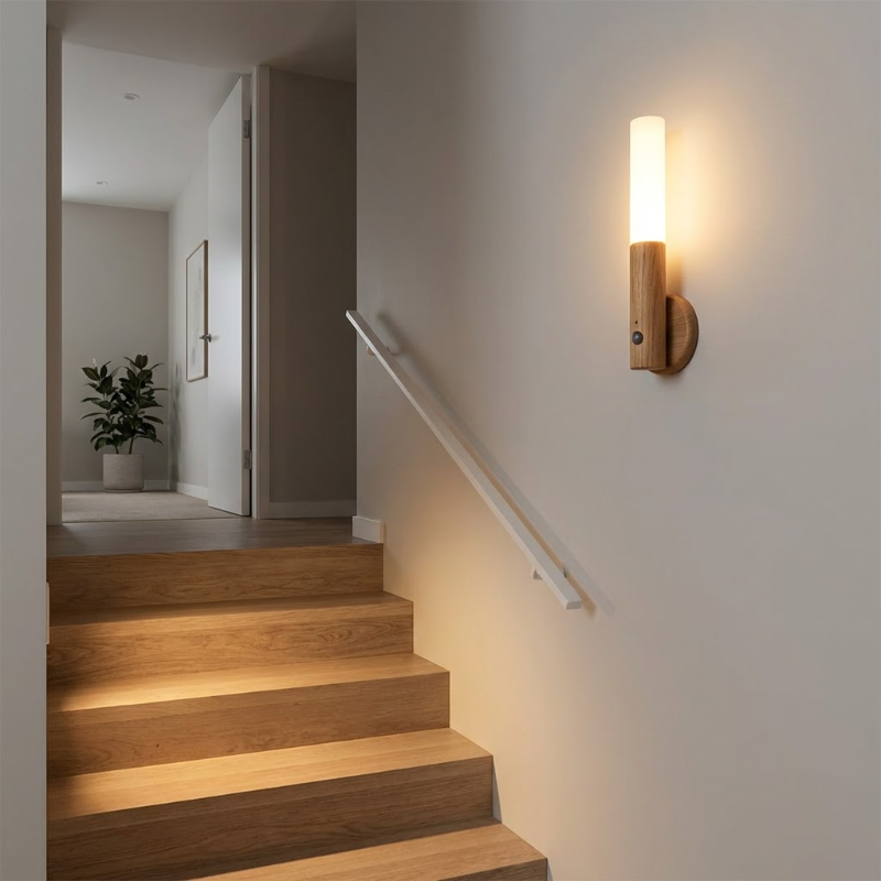Wooden staircase with a wall-mounted light fixture in a home interior.
