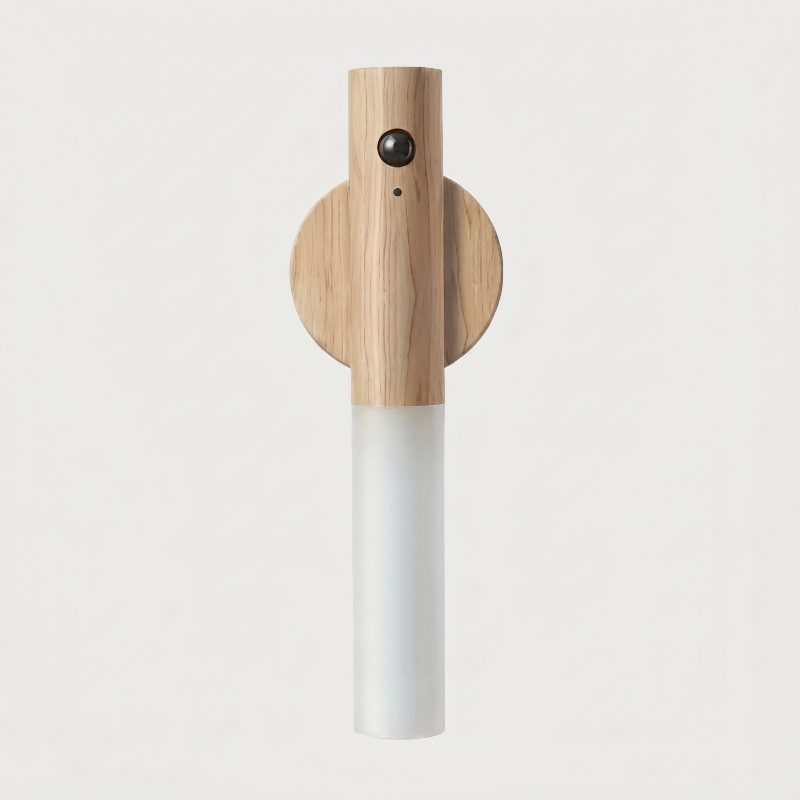 Lumi motion sensor light in light wood finish on white background