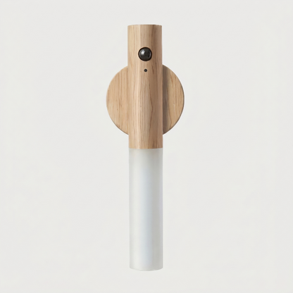 Lumi motion sensor light in light wood finish on white background