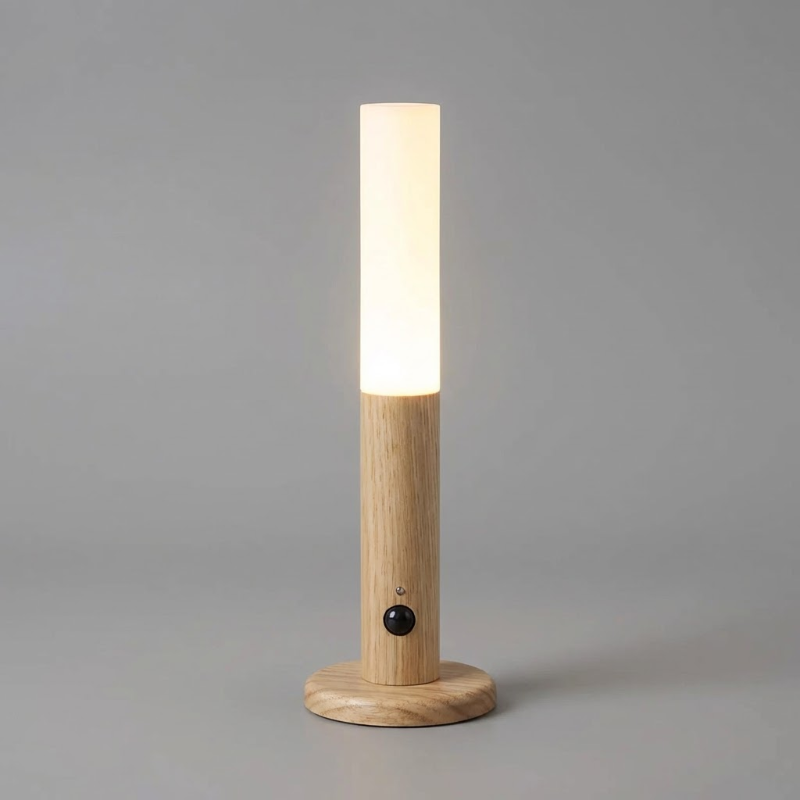 Wooden lamp with a cylindrical shade on a gray background