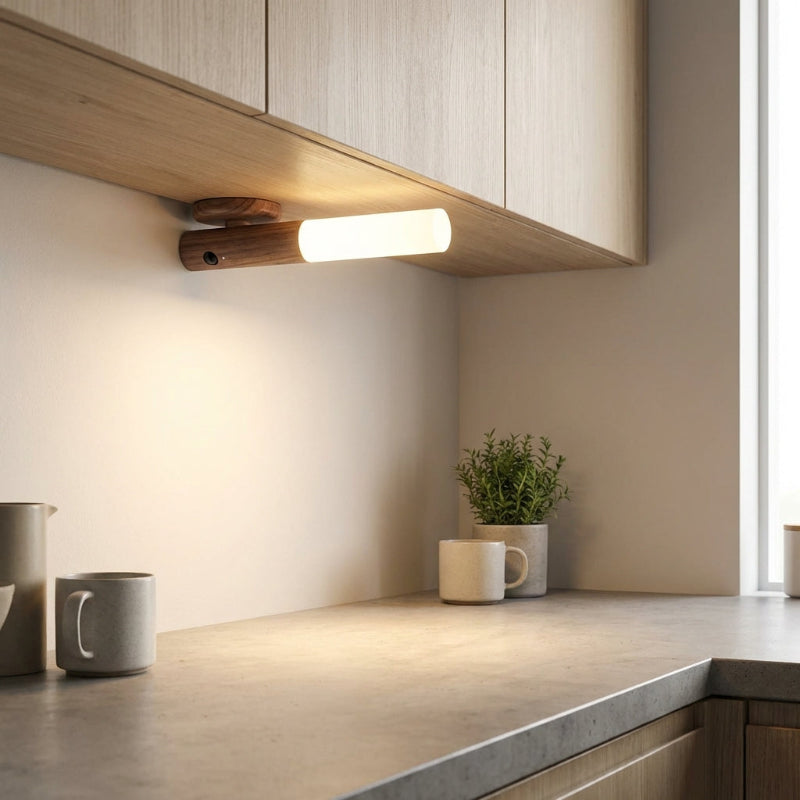 Modern kitchen with a wall-mounted light fixture, countertop, and decorative items.