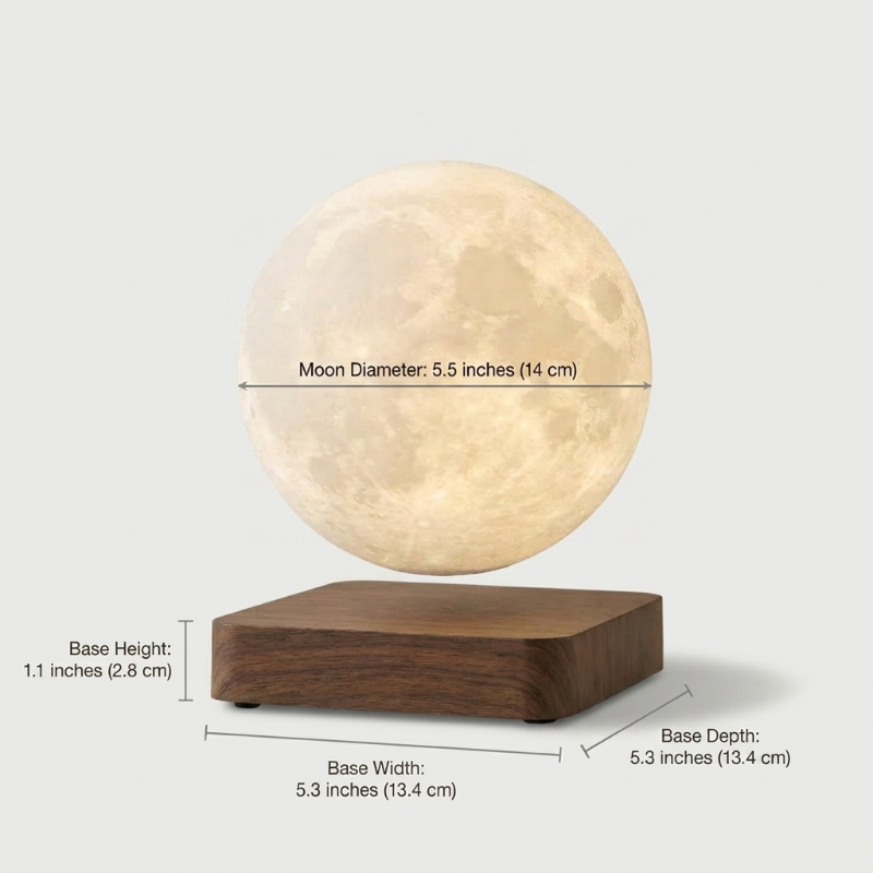 Luna floating moon lamp dimensions graphic on white background