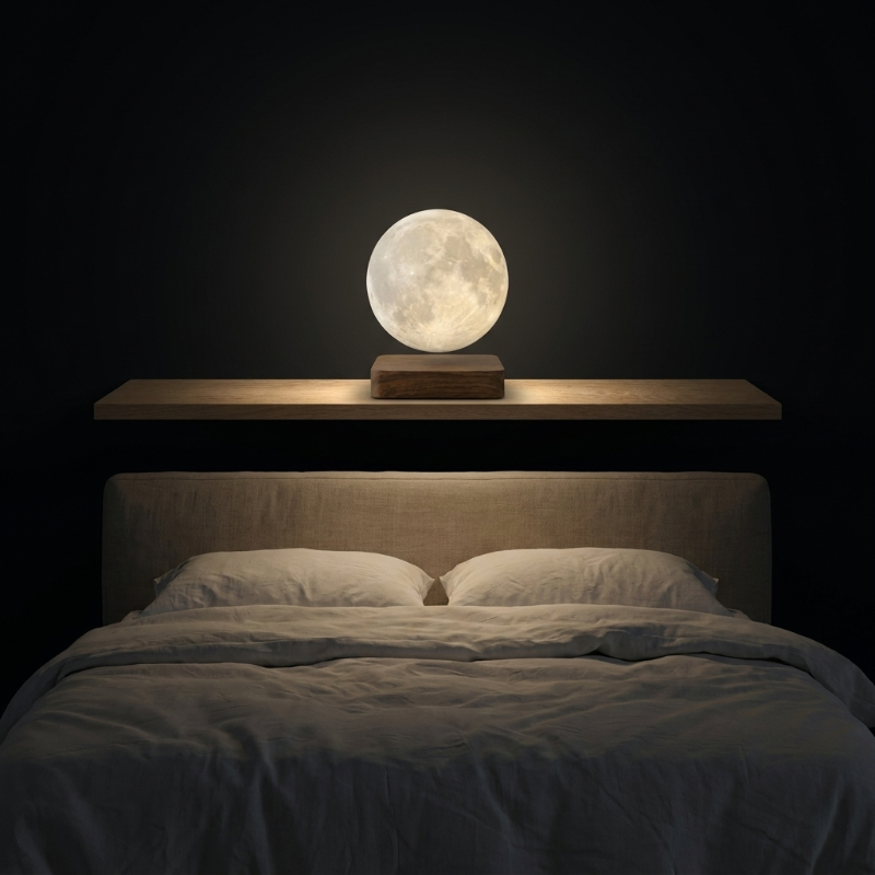 Luna floating moon lamp above bed in dark bedroom