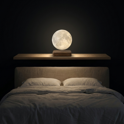 Luna floating moon lamp above bed in dark bedroom