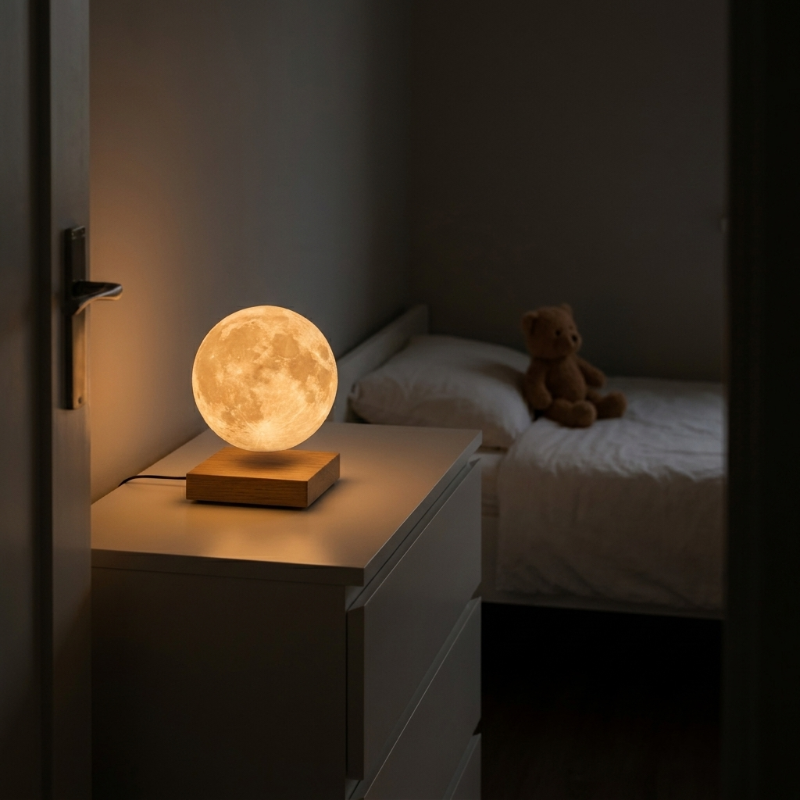 Luna floating moon lamp on nightstand in softly lit room