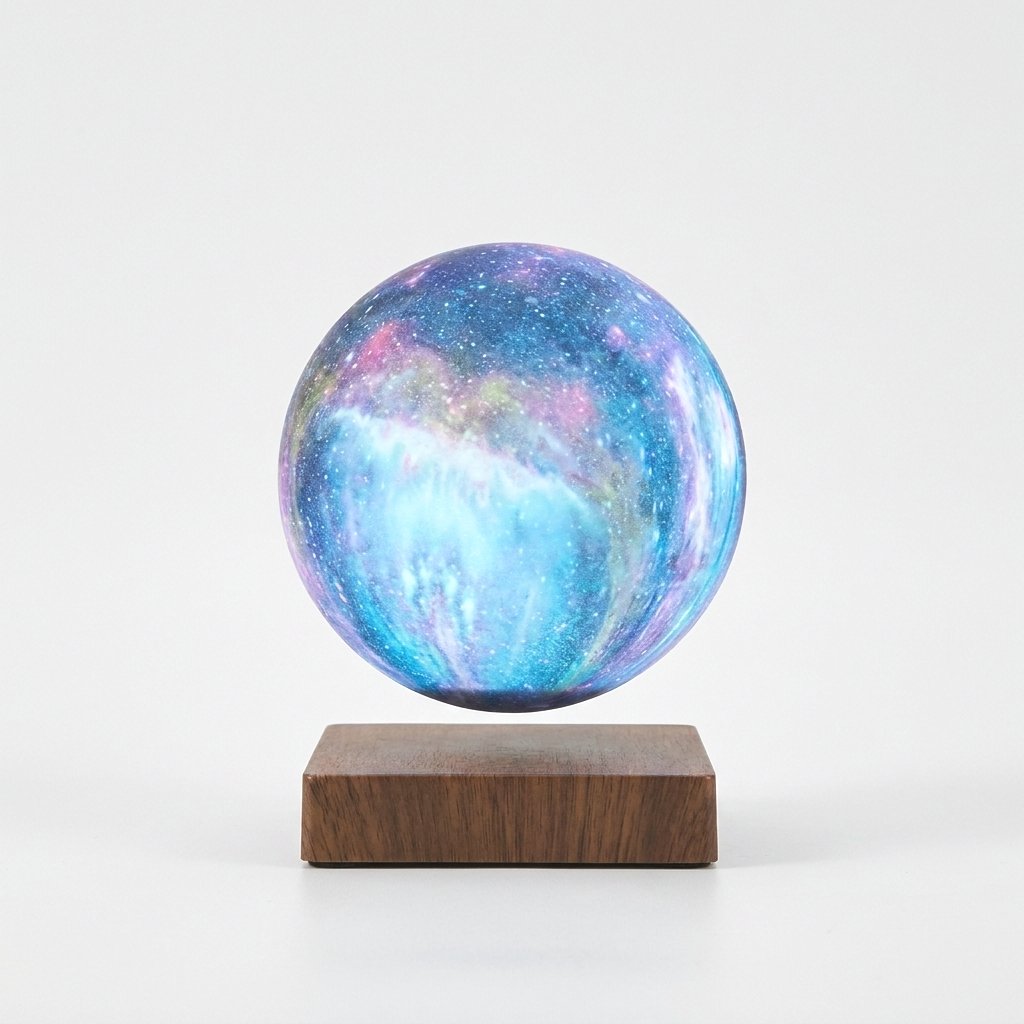 A spherical galaxy-patterned decorative object with swirling blue, purple, and pink cosmic design, displayed floating above a rectangular dark wood base on a clean white background.