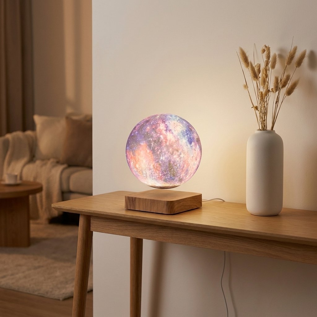 A floating moon lamp with a colorful nebula-patterned sphere on a wooden base, styled on a wooden console table next to a white vase with dried grass in a cozy living room setting.