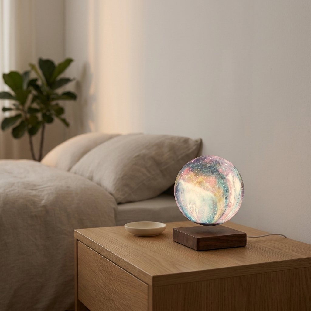 A glowing iridescent orb night light on a dark wooden base, placed on a light wood bedside table in a softly lit bedroom next to a bed.
