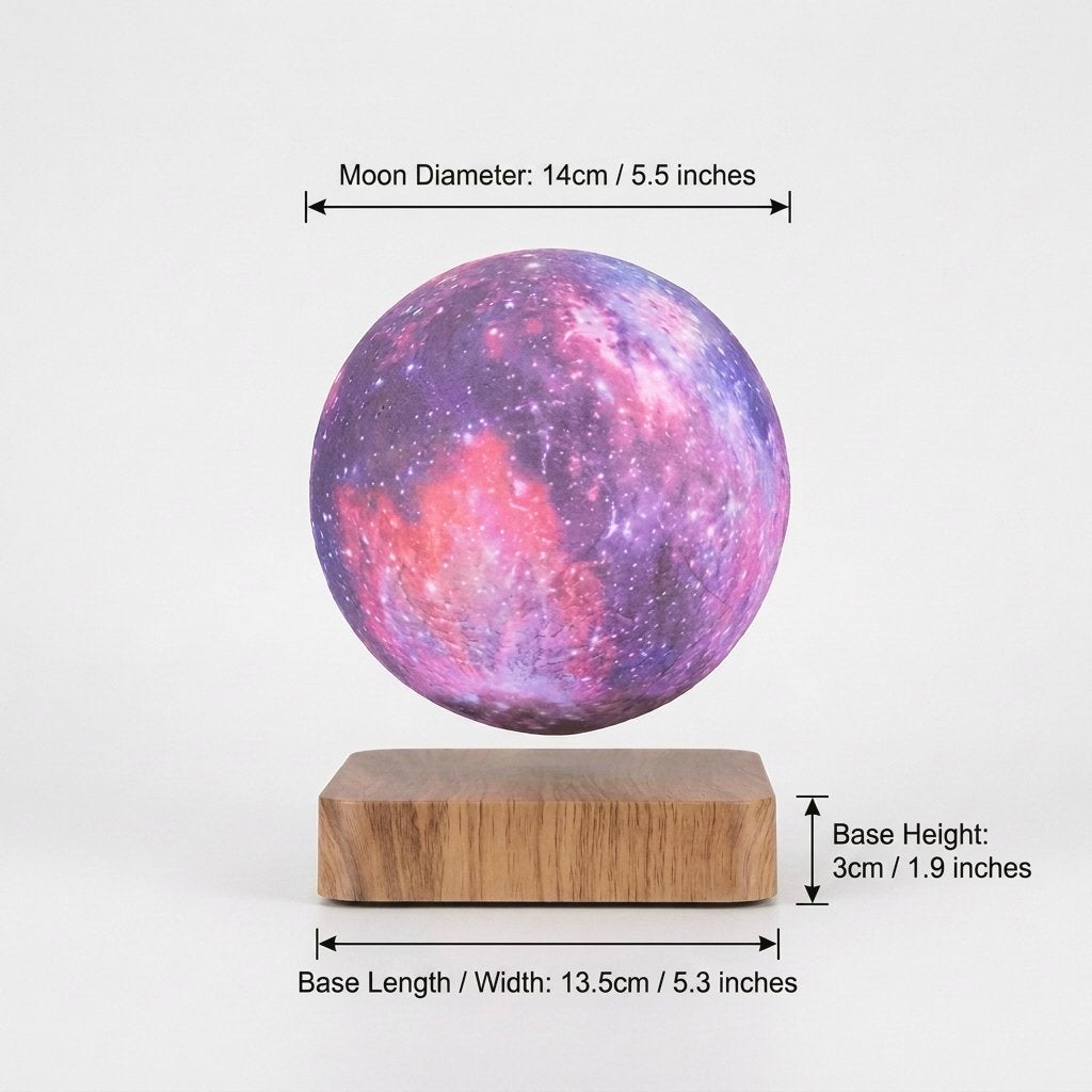 A floating moon lamp with a purple and pink galaxy print sphere resting on a rectangular wooden base, shown with dimension callouts for moon diameter, base height, and base length on a light gray background.