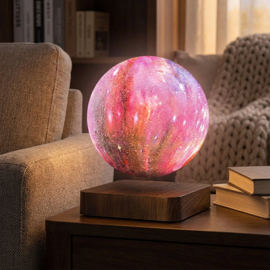 Colorful spherical lamp on a wooden base in a living room setting