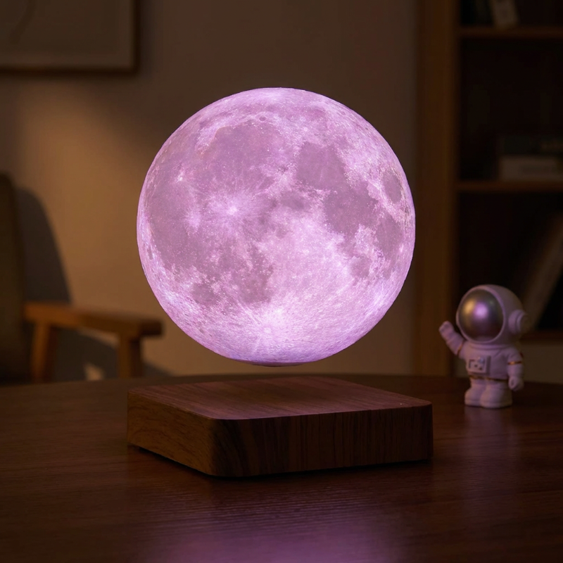 Levitating moon lamp on a wooden base with an astronaut figurine in the background.