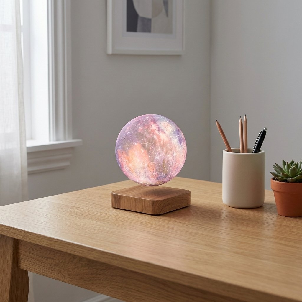 A glowing 3D moon phase lamp with a pink and purple nebula design sits on a wooden base on a light oak desk. The scene is set in a bright, modern room with a window, a white cup holding pens, and a small potted succulent.