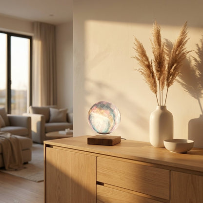A decorative round crystal ball lamp with a colorful, iridescent pattern sits on a wooden base on a light wood sideboard in a modern, sunlit living room. The room features a beige wall with warm sunlight casting soft shadows, a white vase with dried pampas grass, and a matching white bowl.