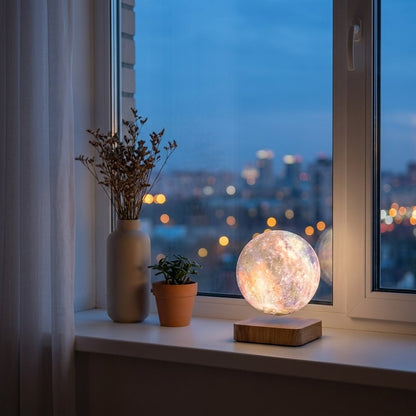 A glowing 3D moon lamp on a wooden base sits on a windowsill next to a vase with dried stems and a small potted plant, with a city skyline visible outside at dusk.