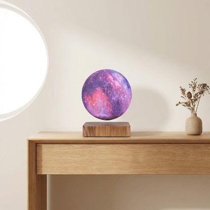 Colorful levitating sphere on a wooden surface with a neutral background