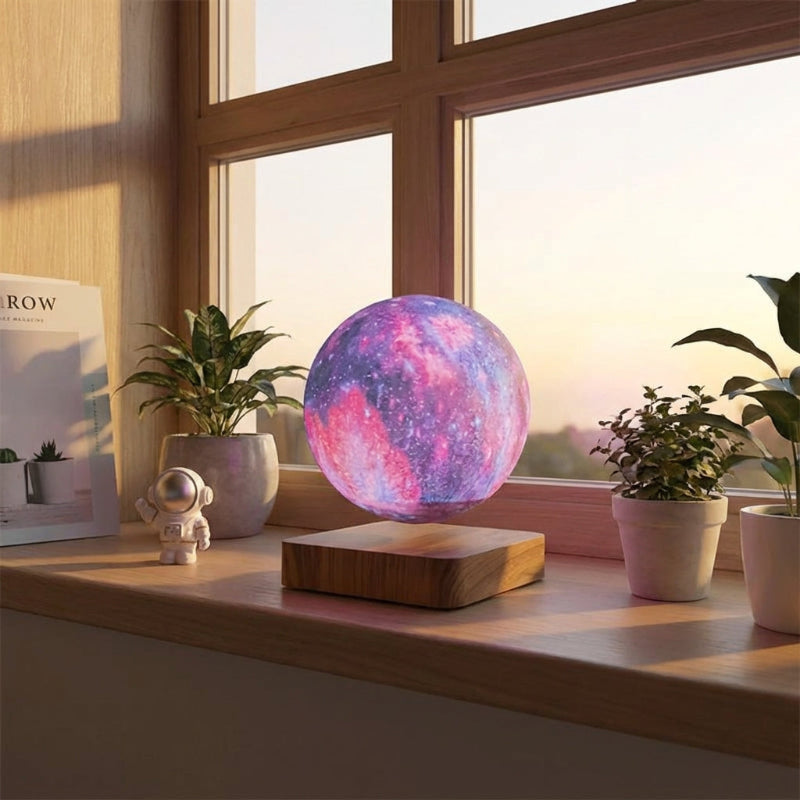 Colorful levitating sphere lamp on a wooden base with plants and a window in the background
