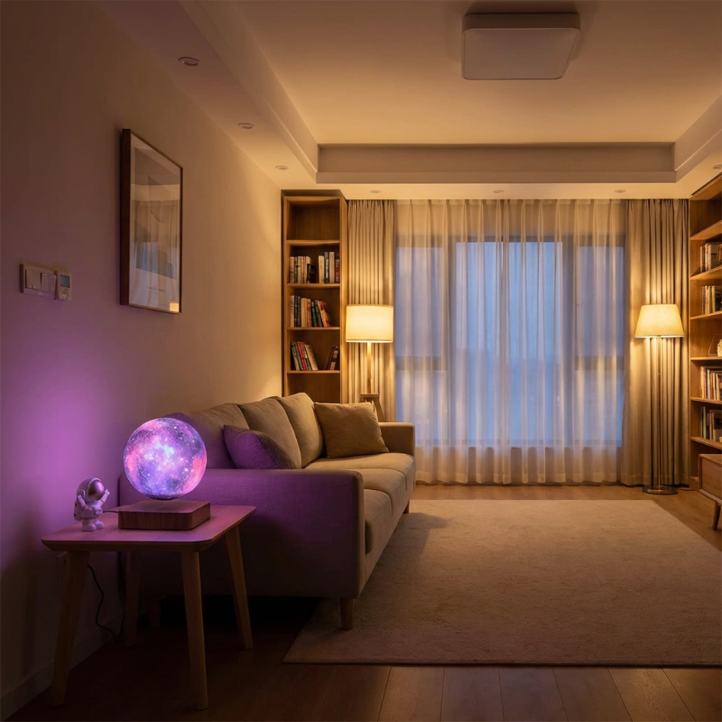Modern living room with a couch, bookshelves, and decorative lights.