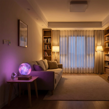 Modern living room with a couch, bookshelves, and decorative lights.